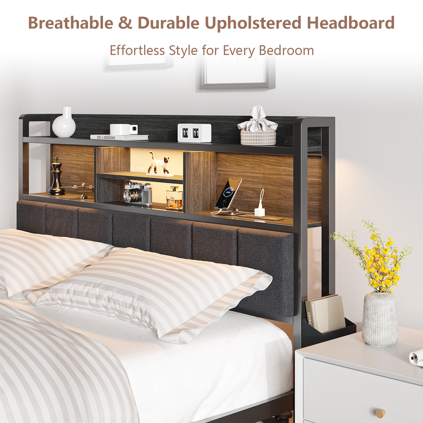 Satifur King Size Bed Frame with 49.2" High LED Storage Headboard Shelf, Metal Bed Platform, Black