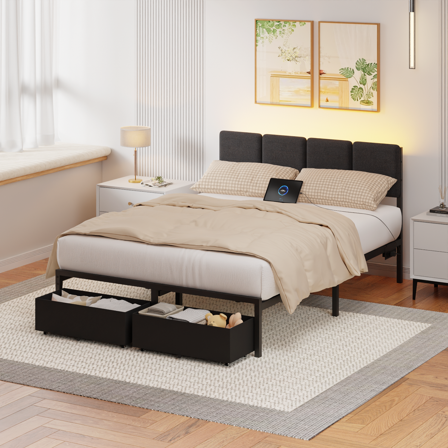Satifur Queen Bed Frame with 2 Drawers & 2 USB Ports and Outlets, No Box Spring Needed