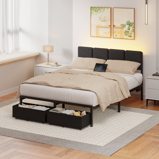 Satifur Queen Bed Frame with 2 Drawers & 2 USB Ports and Outlets, No Box Spring Needed