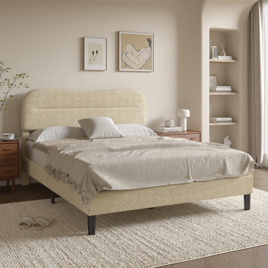 Satifur Queen Bed Frame with Teddy Velvet Soft Curved Headboard, Platform Bed with Wooden Slats Support, Easy Assembly, Noise-Free, Beige