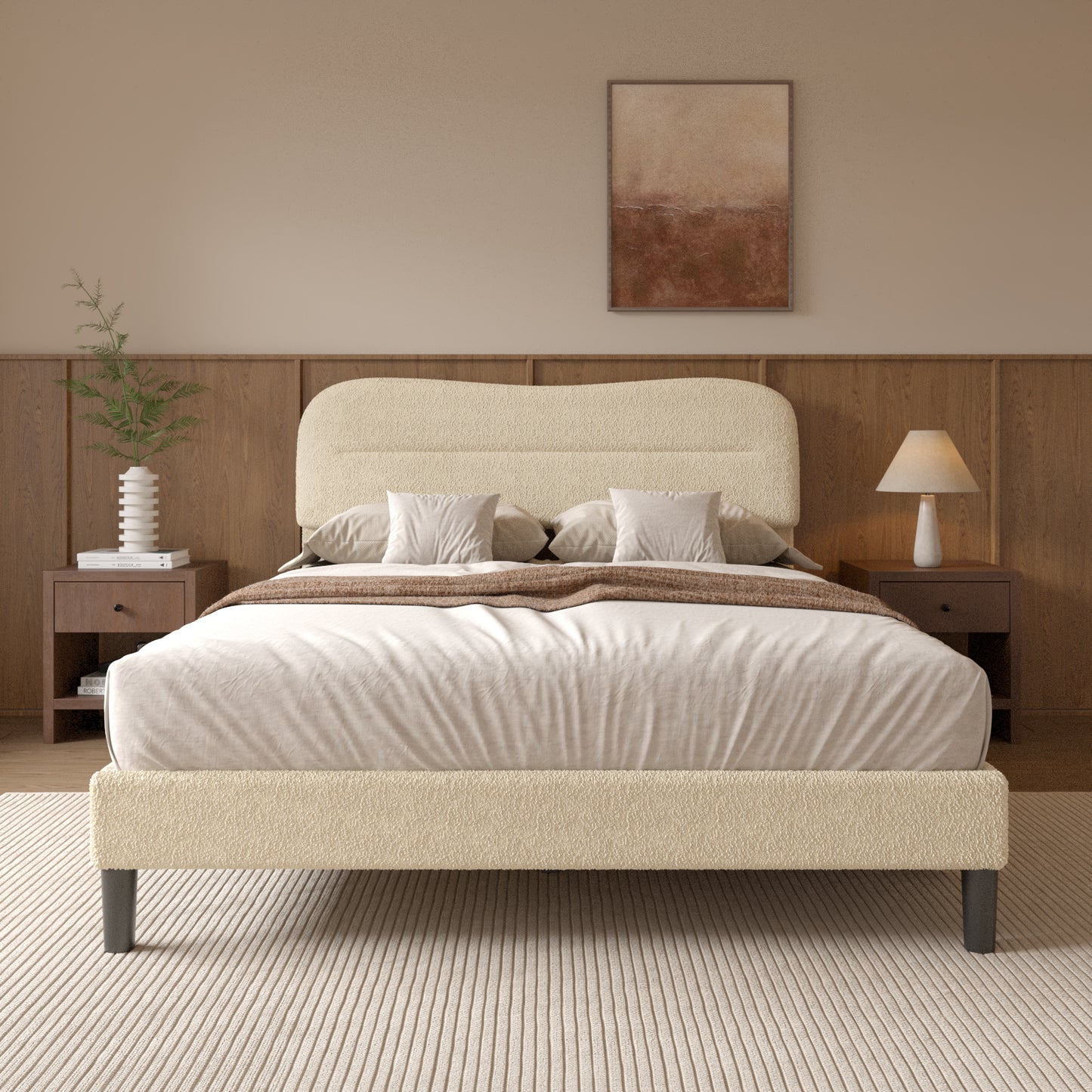 Satifur Queen Bed Frame with Teddy Velvet Soft Curved Headboard, Platform Bed with Wooden Slats Support, Easy Assembly, Noise-Free, Beige