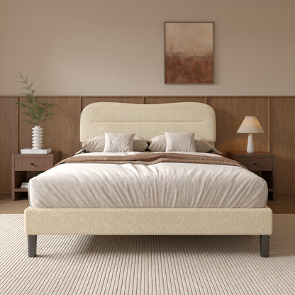 Satifur Queen Bed Frame with Teddy Velvet Soft Curved Headboard, Platform Bed with Wooden Slats Support, Easy Assembly, Noise-Free, Beige