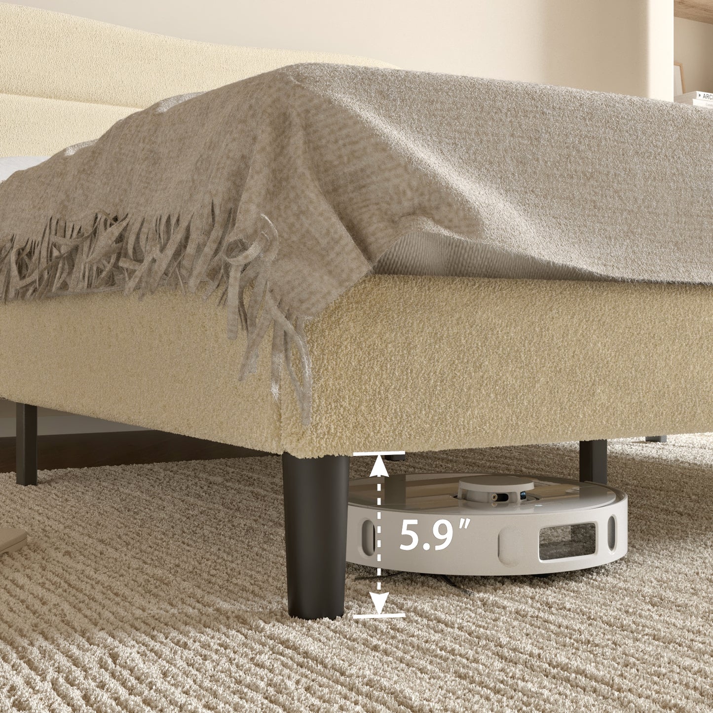 Satifur Queen Bed Frame with Teddy Velvet Soft Curved Headboard, Platform Bed with Wooden Slats Support, Easy Assembly, Noise-Free, Beige