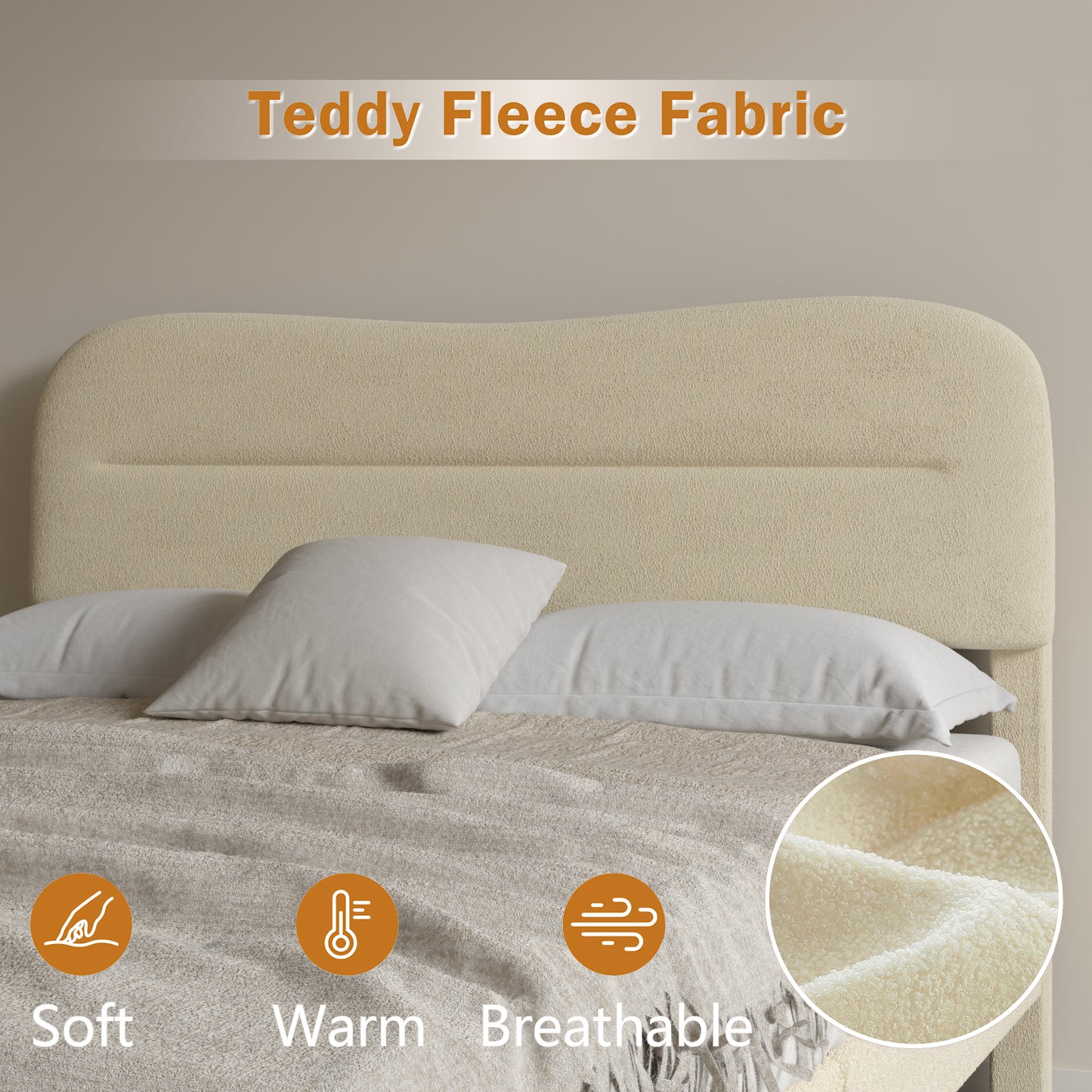 Satifur Queen Bed Frame with Teddy Velvet Soft Curved Headboard, Platform Bed with Wooden Slats Support, Easy Assembly, Noise-Free, Beige
