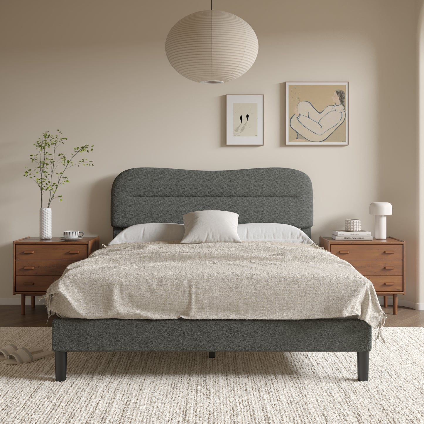 Satifur Queen Bed Frame with Teddy Velvet Soft Curved Headboard, Platform Bed with Wooden Slats Support, Easy Assembly, Noise-Free, Dark Grey