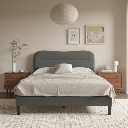 Satifur Queen Bed Frame with Teddy Velvet Soft Curved Headboard, Platform Bed with Wooden Slats Support, Easy Assembly, Noise-Free, Dark Grey