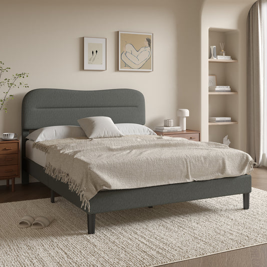 Satifur Queen Bed Frame with Teddy Velvet Soft Curved Headboard, Platform Bed with Wooden Slats Support, Easy Assembly, Noise-Free, Dark Grey