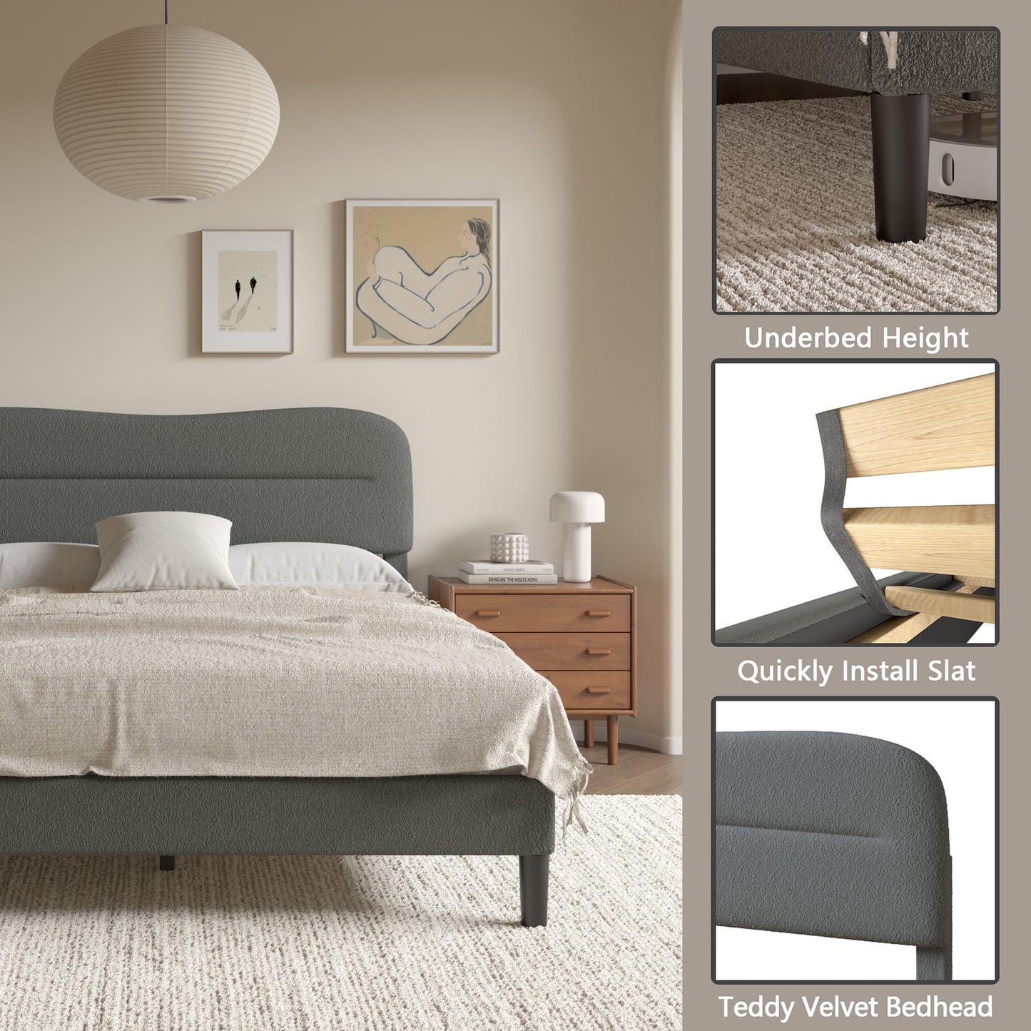 Satifur Queen Bed Frame with Teddy Velvet Soft Curved Headboard, Platform Bed with Wooden Slats Support, Easy Assembly, Noise-Free, Dark Grey