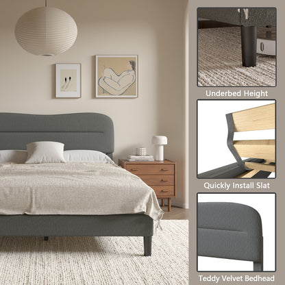 Satifur Queen Bed Frame with Teddy Velvet Soft Curved Headboard, Platform Bed with Wooden Slats Support, Easy Assembly, Noise-Free, Dark Grey