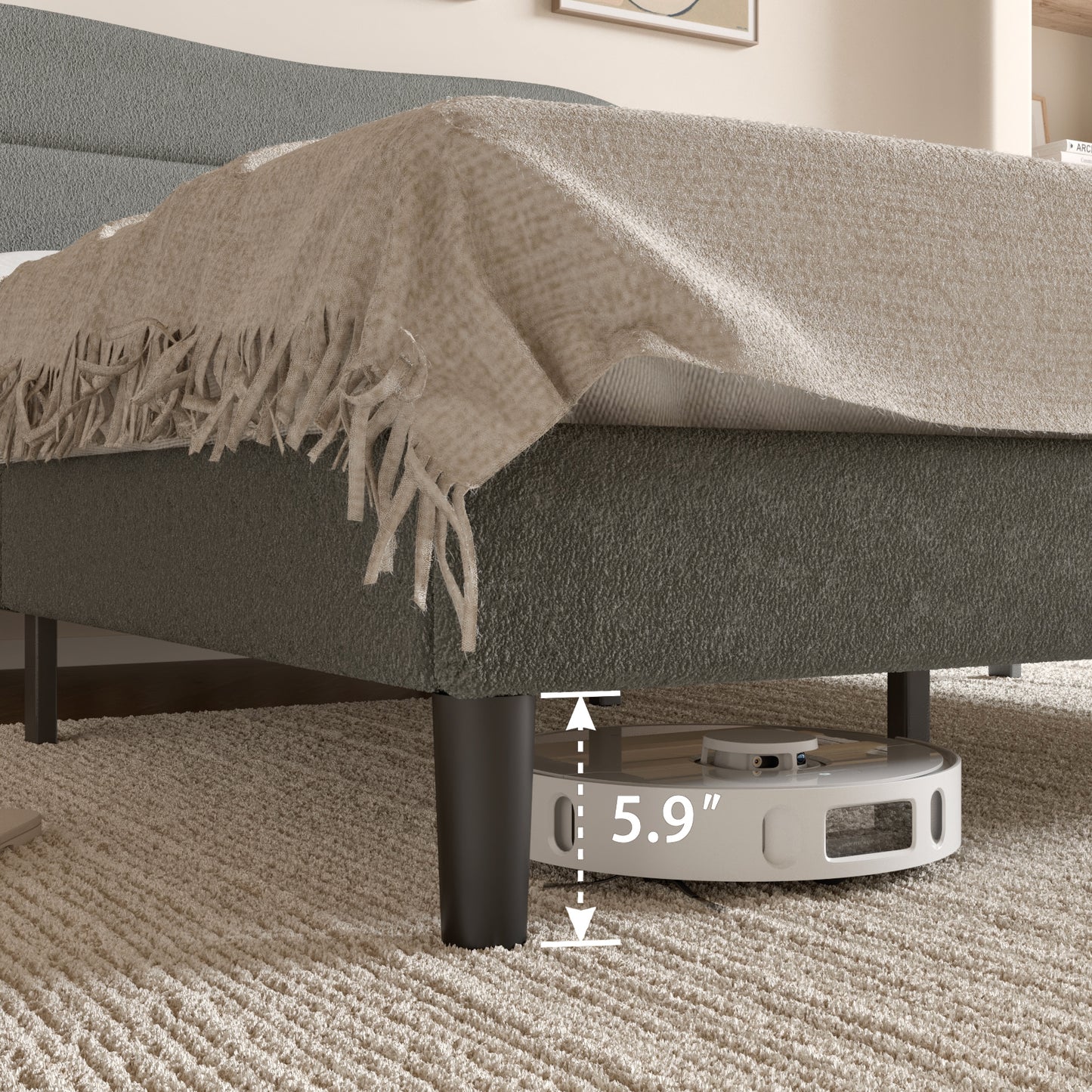 Satifur Queen Bed Frame with Teddy Velvet Soft Curved Headboard, Platform Bed with Wooden Slats Support, Easy Assembly, Noise-Free, Dark Grey