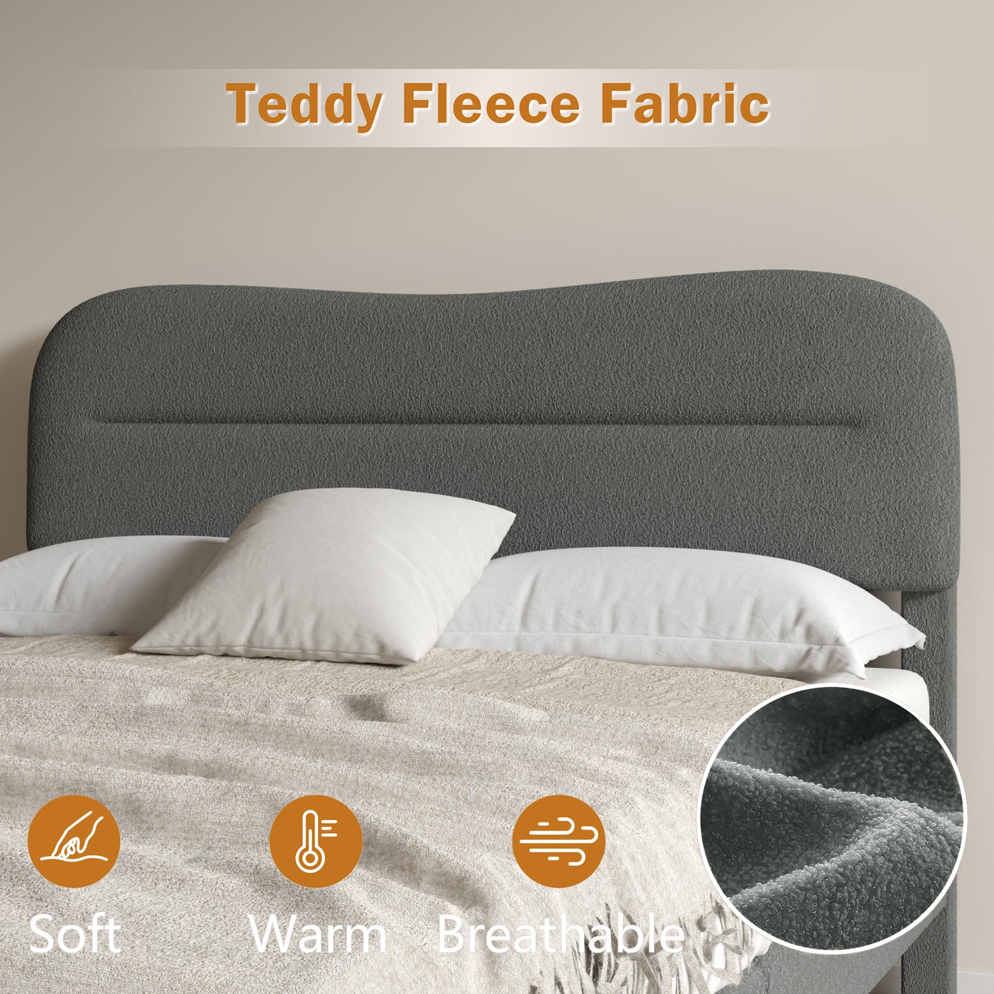 Satifur Queen Bed Frame with Teddy Velvet Soft Curved Headboard, Platform Bed with Wooden Slats Support, Easy Assembly, Noise-Free, Dark Grey