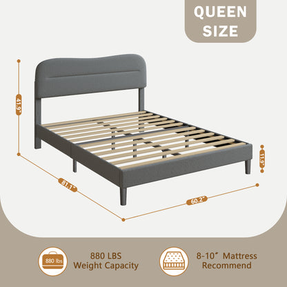 Satifur Queen Bed Frame with Teddy Velvet Soft Curved Headboard, Platform Bed with Wooden Slats Support, Easy Assembly, Noise-Free, Dark Grey