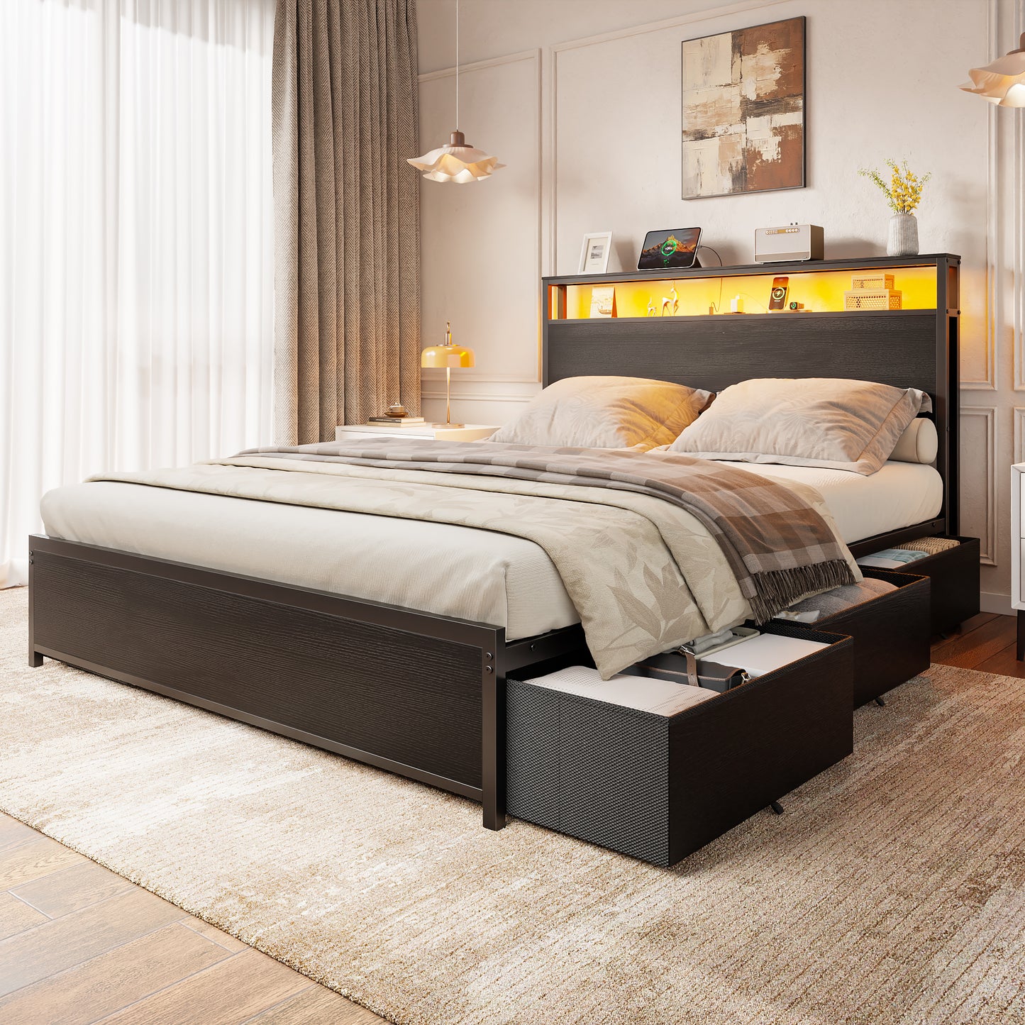 Satifur Full Size Platforrm Bed Frame with Charging Station, LED Standard Storage Space Bed for Bedroom, No Box Spring Needed