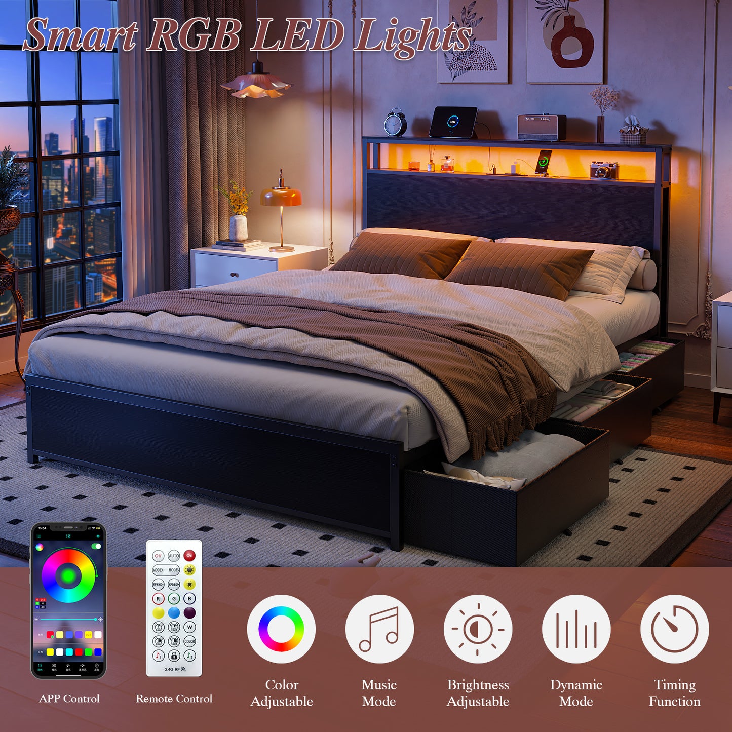 Satifur Full Size Platforrm Bed Frame with Charging Station, LED Standard Storage Space Bed for Bedroom, No Box Spring Needed