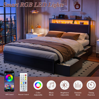 Satifur Full Size Platforrm Bed Frame with Charging Station, LED Standard Storage Space Bed for Bedroom, No Box Spring Needed