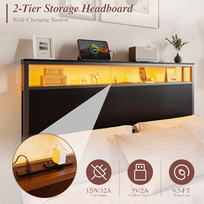 Satifur Full Size Platforrm Bed Frame with Charging Station, LED Standard Storage Space Bed for Bedroom, No Box Spring Needed