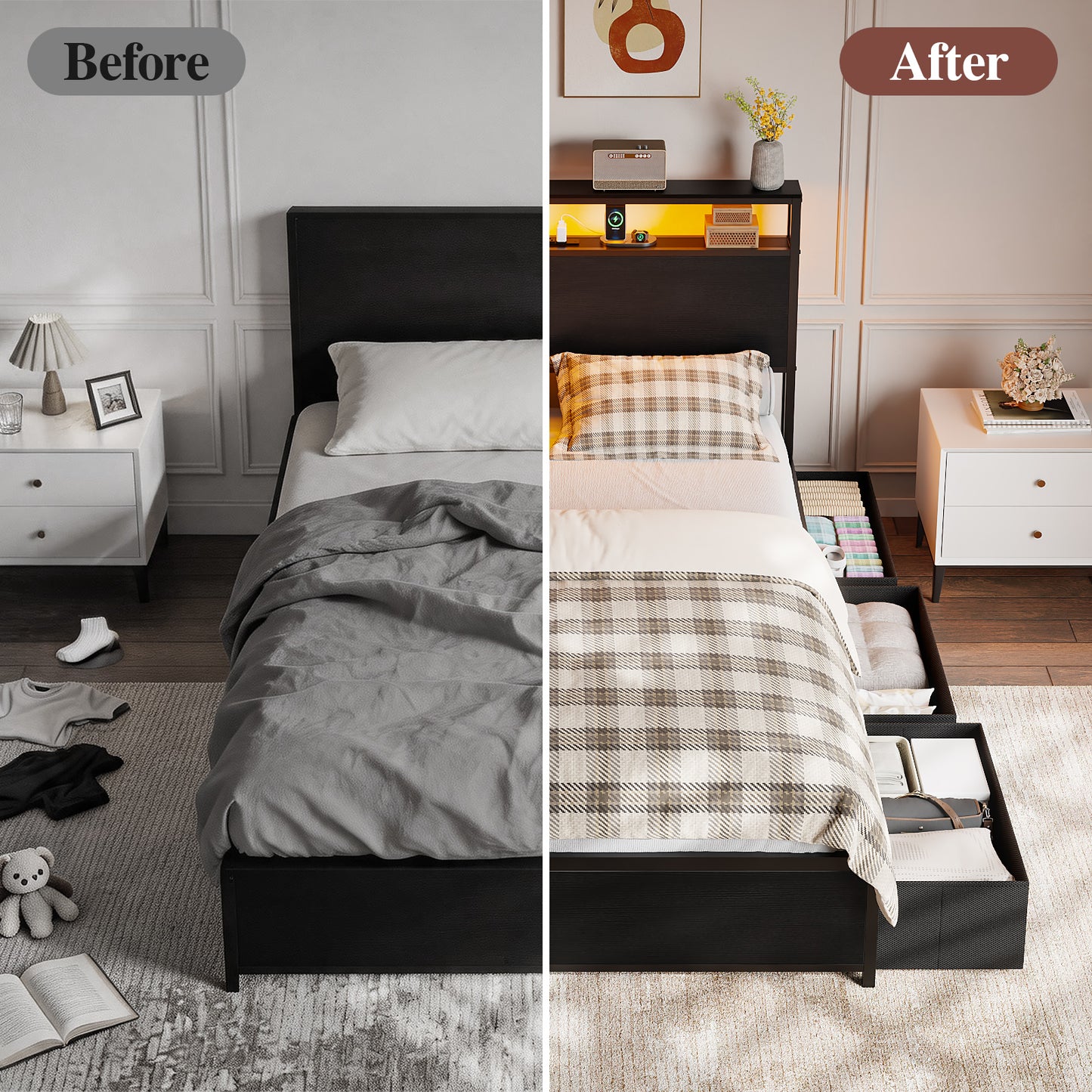 Satifur Full Size Platforrm Bed Frame with Charging Station, LED Standard Storage Space Bed for Bedroom, No Box Spring Needed
