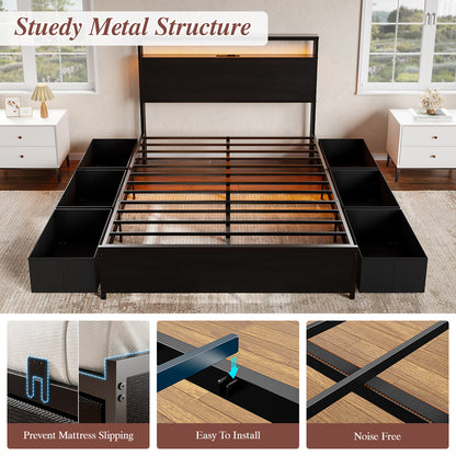 Satifur Full Size Platforrm Bed Frame with Charging Station, LED Standard Storage Space Bed for Bedroom, No Box Spring Needed
