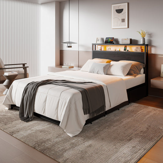 Satifur Full Size Platforrm Bed Frame with Charging Station, LED Standard Storage Space Bed for Bedroom, No Box Spring Needed