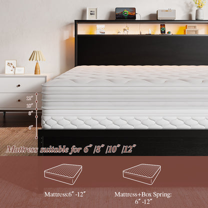 Satifur Full Size Platforrm Bed Frame with Charging Station, LED Standard Storage Space Bed for Bedroom, No Box Spring Needed