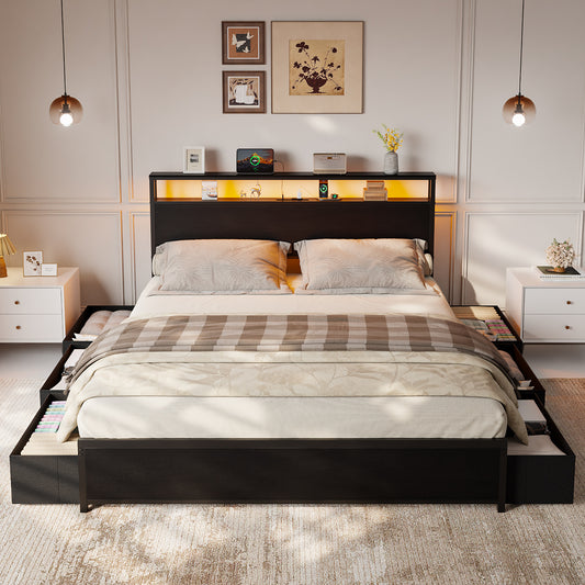 Satifur Queen LED Bed Frame with 6 Drawers, Headboard Charging Station, Versatile Storage Solution, No Box Spring Needed
