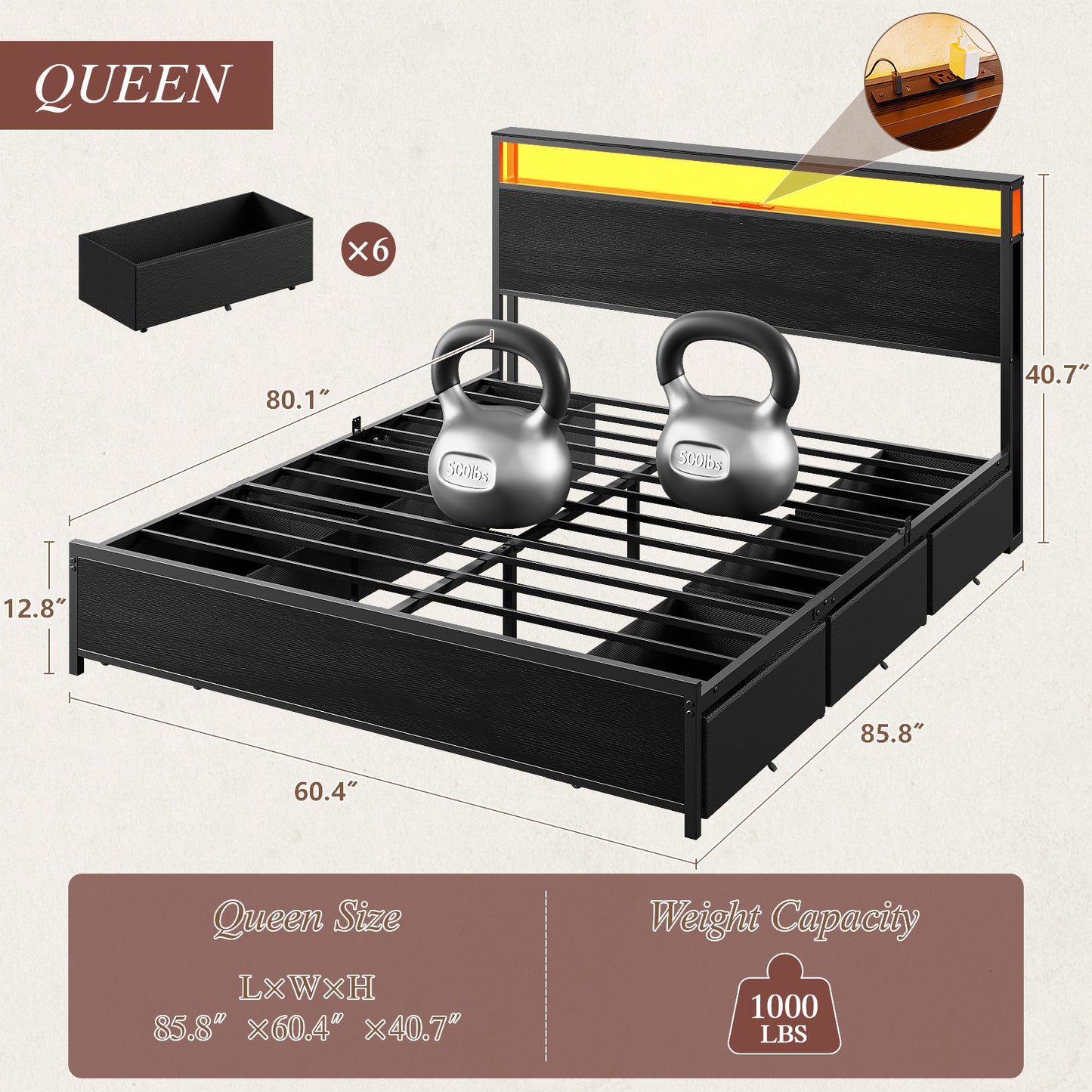 Satifur Queen LED Bed Frame with 6 Drawers, Headboard Charging Station, Versatile Storage Solution, No Box Spring Needed