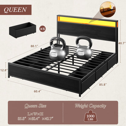 Satifur Queen LED Bed Frame with 6 Drawers, Headboard Charging Station, Versatile Storage Solution, No Box Spring Needed