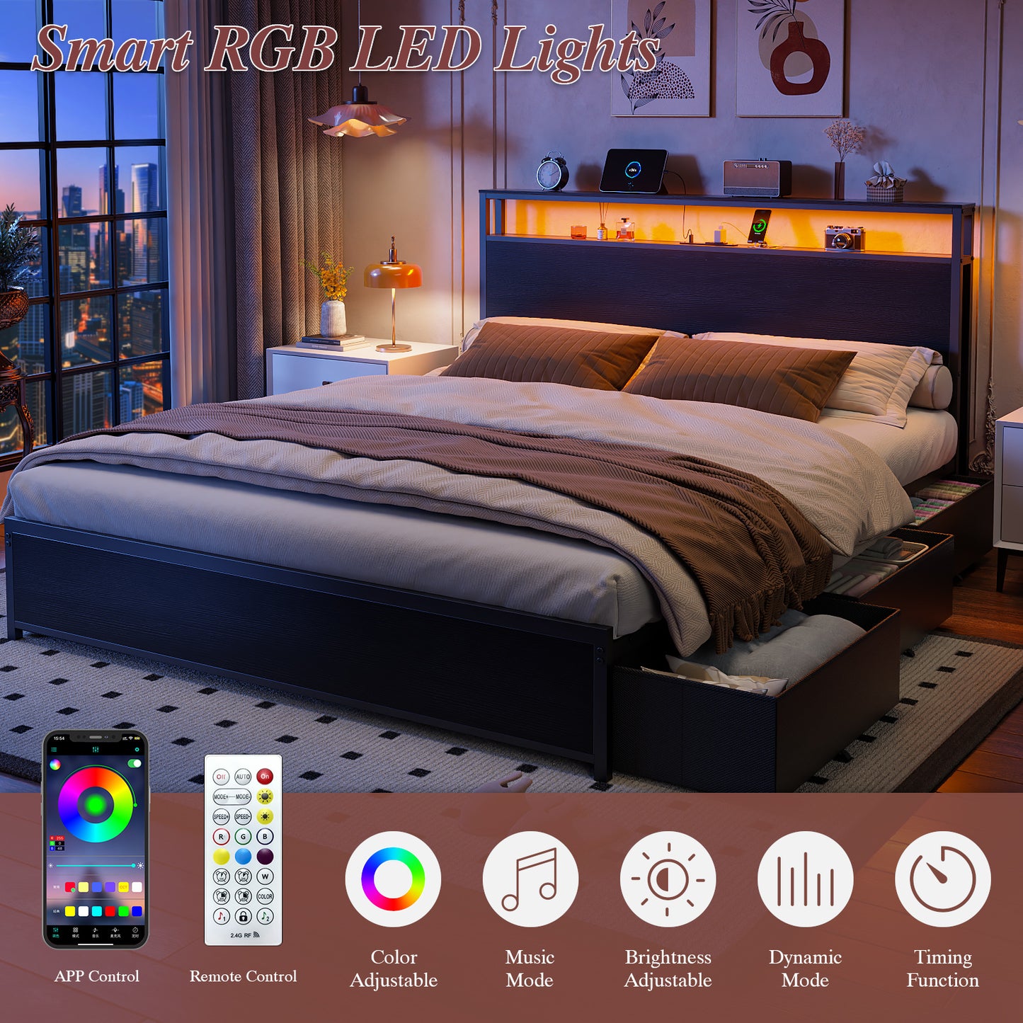 Satifur Queen LED Bed Frame with 6 Drawers, Headboard Charging Station, Versatile Storage Solution, No Box Spring Needed
