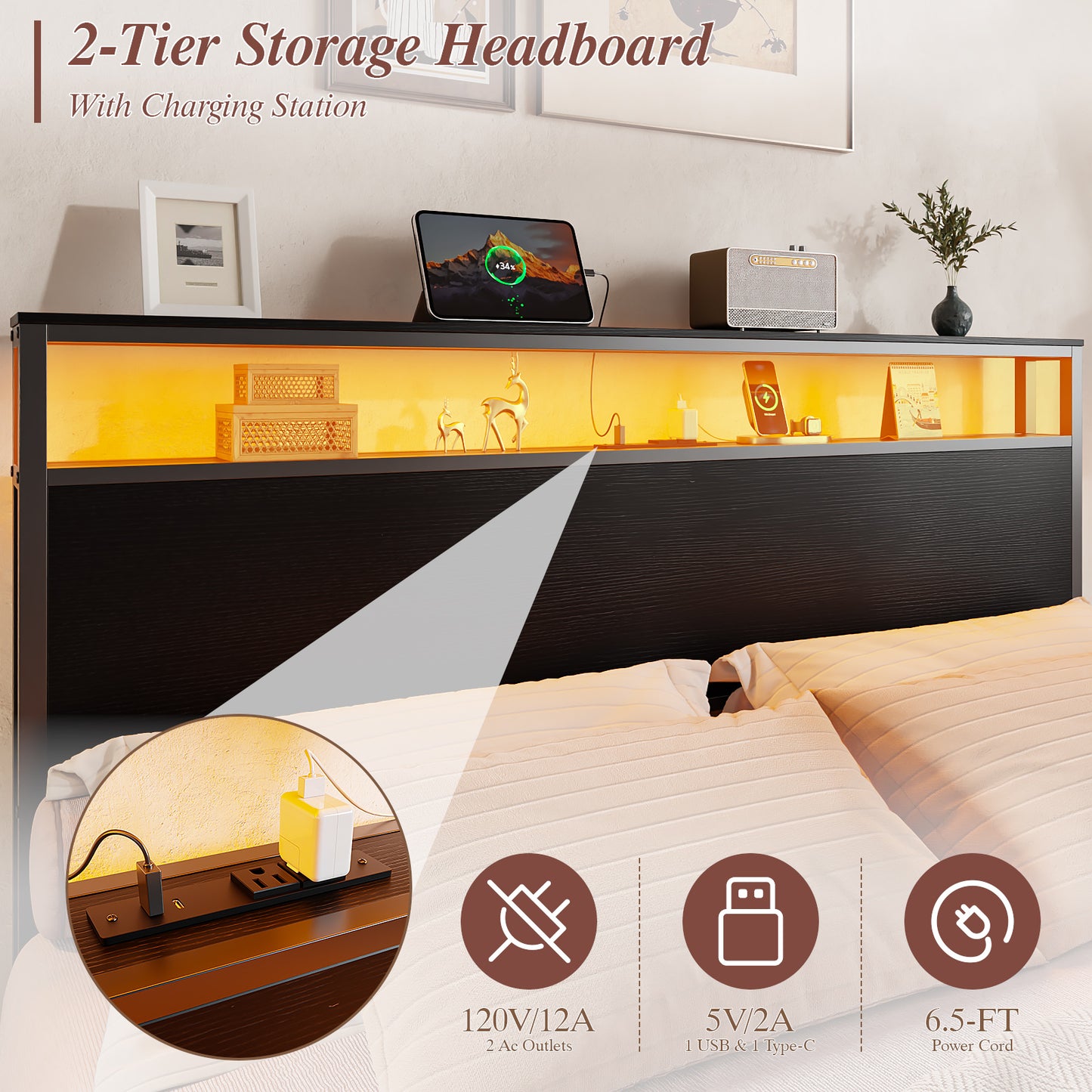 Satifur Queen LED Bed Frame with 6 Drawers, Headboard Charging Station, Versatile Storage Solution, No Box Spring Needed