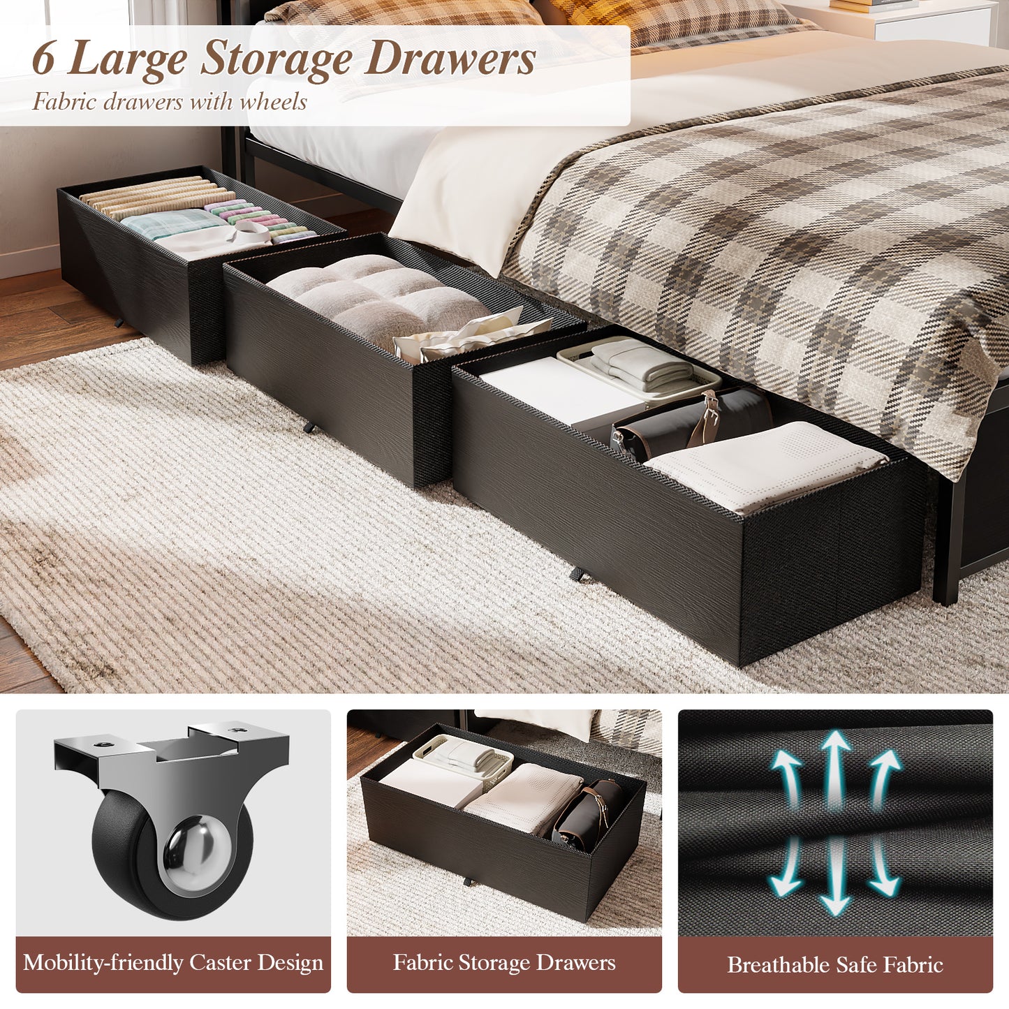 Satifur Queen LED Bed Frame with 6 Drawers, Headboard Charging Station, Versatile Storage Solution, No Box Spring Needed