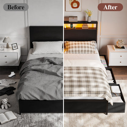 Satifur Queen LED Bed Frame with 6 Drawers, Headboard Charging Station, Versatile Storage Solution, No Box Spring Needed