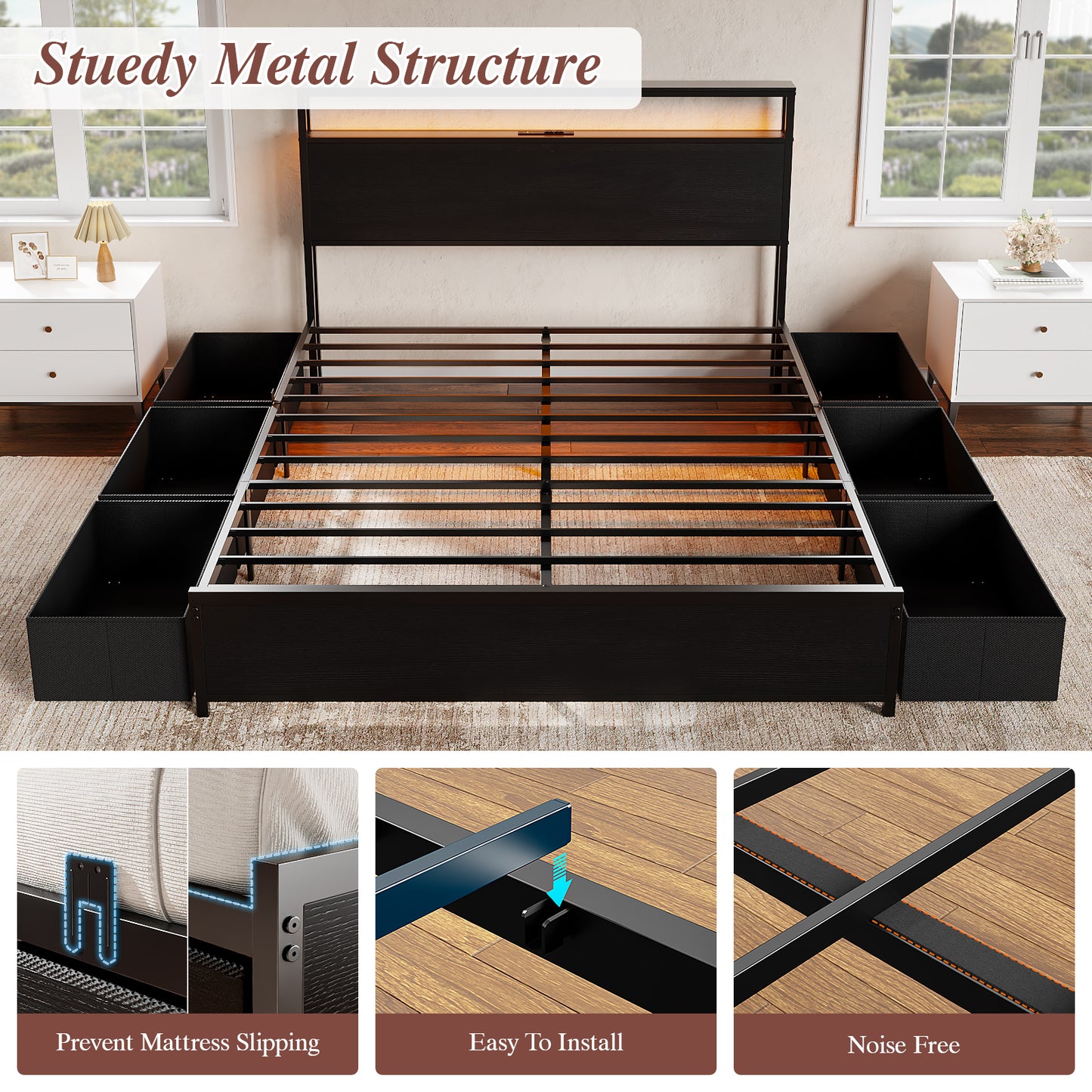Satifur Queen LED Bed Frame with 6 Drawers, Headboard Charging Station, Versatile Storage Solution, No Box Spring Needed