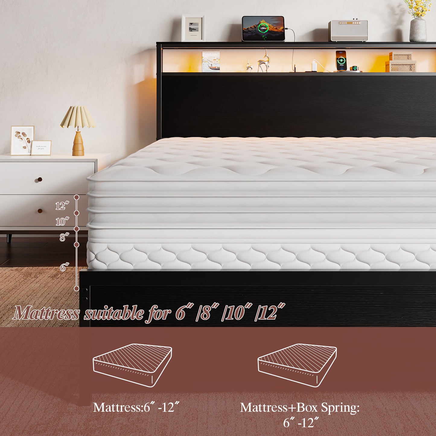 Satifur Queen LED Bed Frame with 6 Drawers, Headboard Charging Station, Versatile Storage Solution, No Box Spring Needed