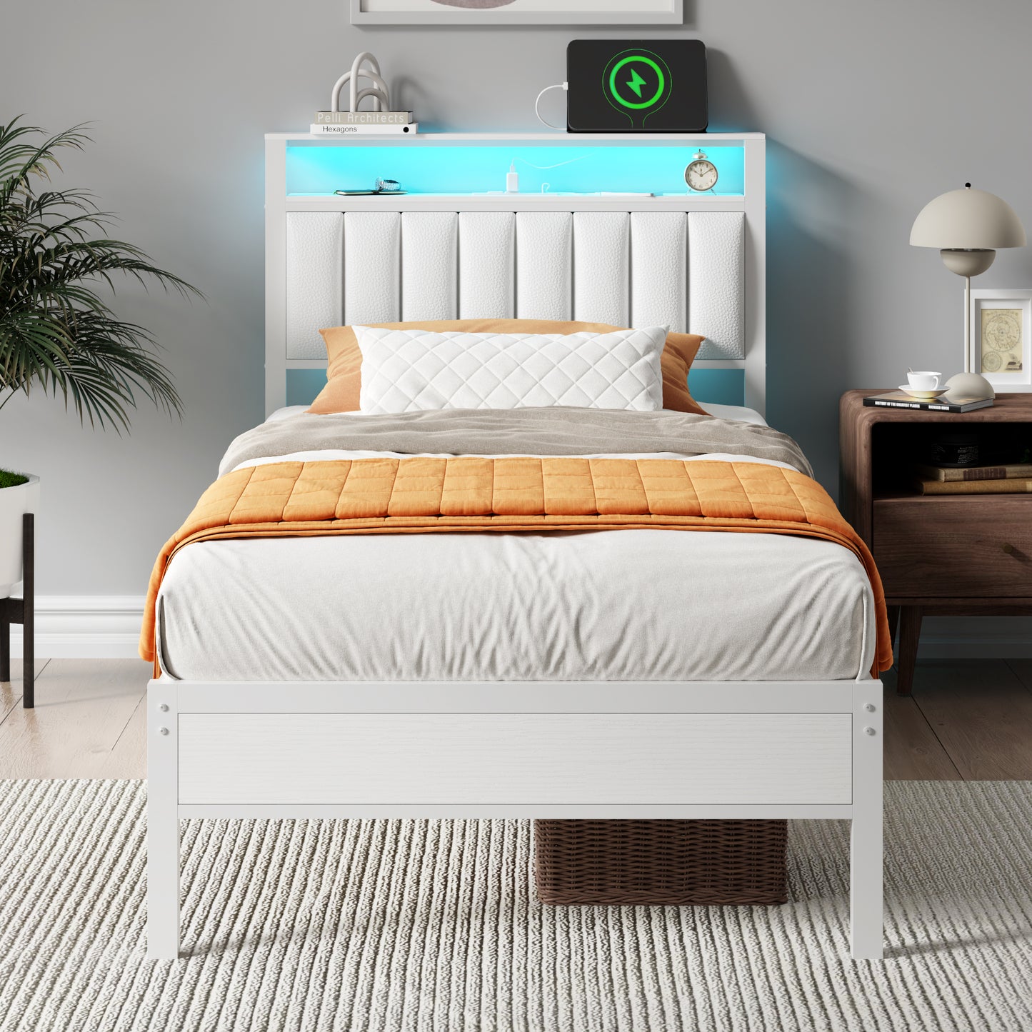 Satifur Twin Bed Frames with LED Lights & Charging Station, Platform Bed with Metal Slats, Headboard with 2-Tier Storage Shelves, No Box Spring Needed, White