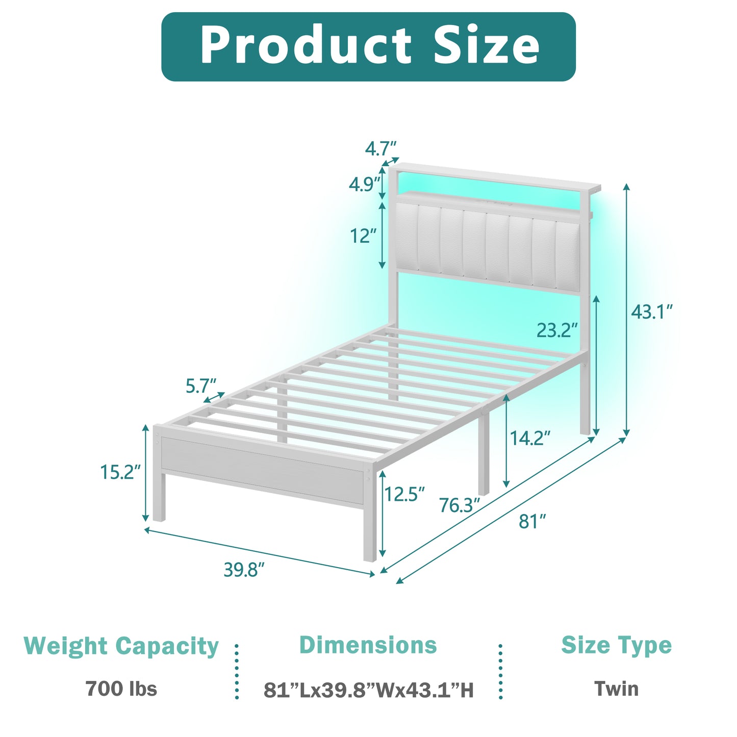 Satifur Twin Bed Frames with LED Lights & Charging Station, Platform Bed with Metal Slats, Headboard with 2-Tier Storage Shelves, No Box Spring Needed, White