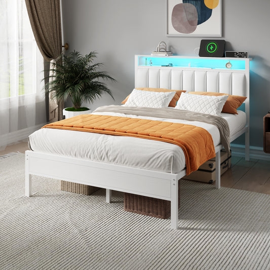 Satifur Full Bed Frames with LED Lights & Charging Station, Platform Bed with Metal Slats, Headboard with 2-Tier Storage Shelves, No Box Spring Needed, White