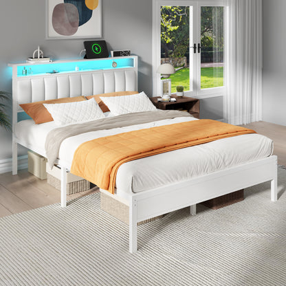 Satifur Queen Bed Frames with LED Lights & Charging Station, Platform Bed with Metal Slats, Headboard with 2-Tier Storage Shelves, No Box Spring Needed, White
