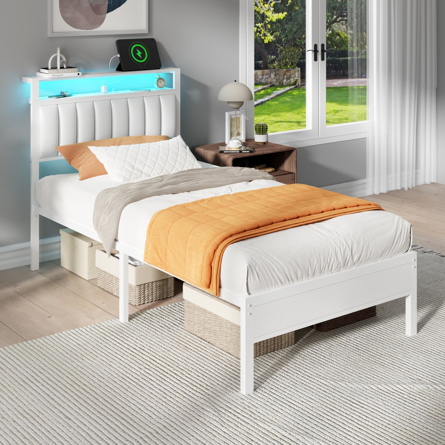 Satifur Twin Bed Frames with LED Lights & Charging Station, Platform Bed with Metal Slats, Headboard with 2-Tier Storage Shelves, No Box Spring Needed, White