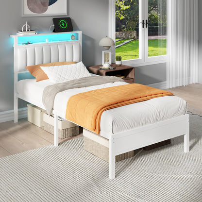 Satifur Twin Bed Frames with LED Lights & Charging Station, Platform Bed with Metal Slats, Headboard with 2-Tier Storage Shelves, No Box Spring Needed, White