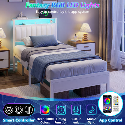 Satifur Twin Bed Frames with LED Lights & Charging Station, Platform Bed with Metal Slats, Headboard with 2-Tier Storage Shelves, No Box Spring Needed, White