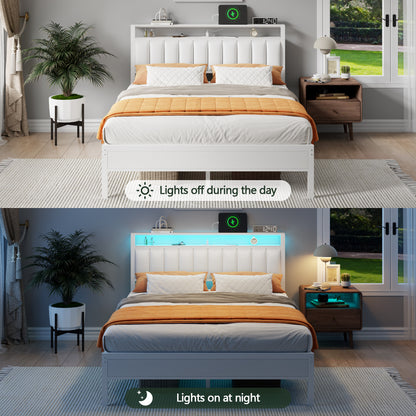 Satifur Queen Bed Frames with LED Lights & Charging Station, Platform Bed with Metal Slats, Headboard with 2-Tier Storage Shelves, No Box Spring Needed, White