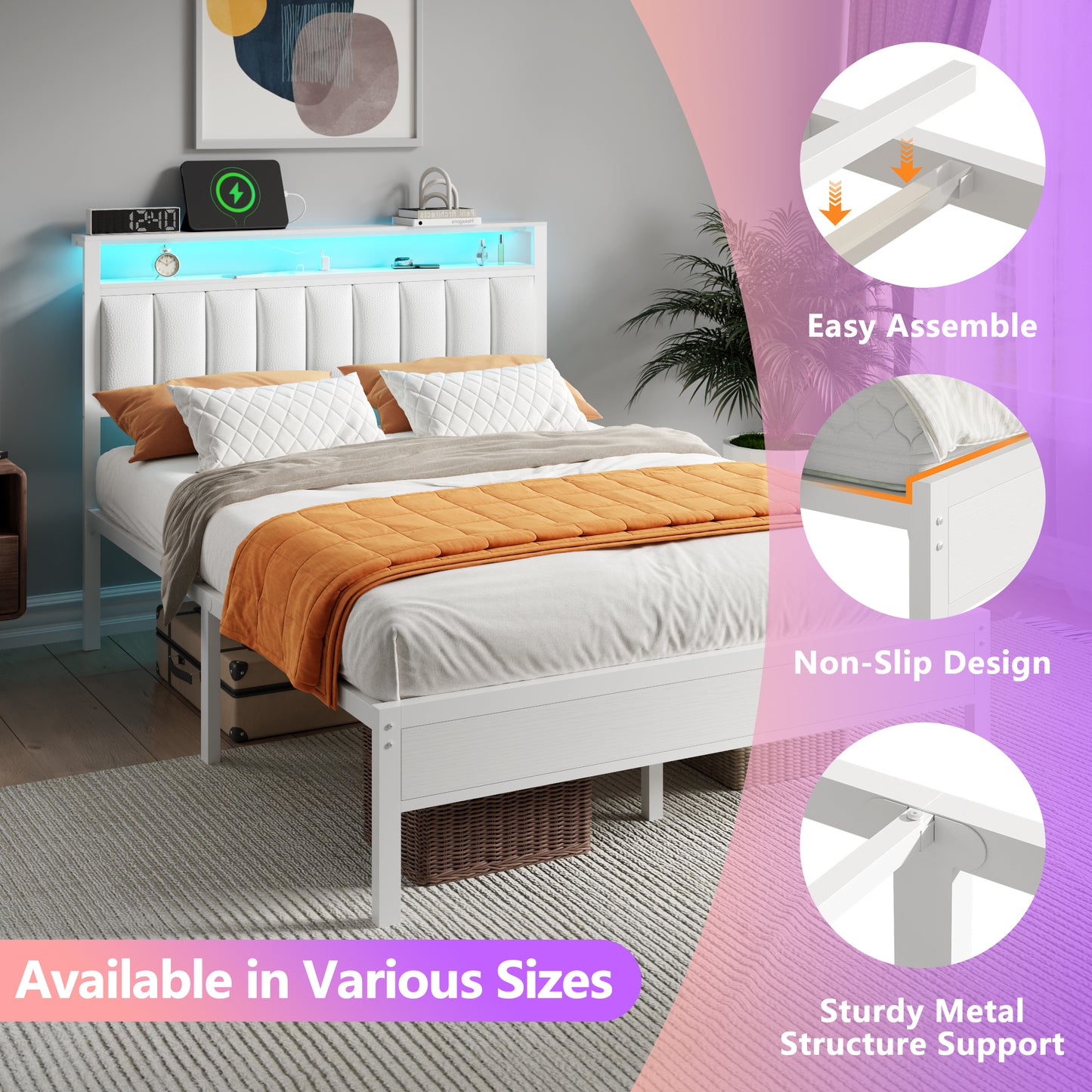 Satifur Full Bed Frames with LED Lights & Charging Station, Platform Bed with Metal Slats, Headboard with 2-Tier Storage Shelves, No Box Spring Needed, White