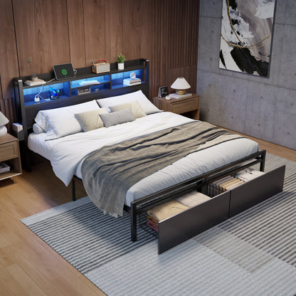Satifur King Size LED Light Bed Frame with Storage Shelf and USB Ports, King Bed with Drawers and RGB LED Lights