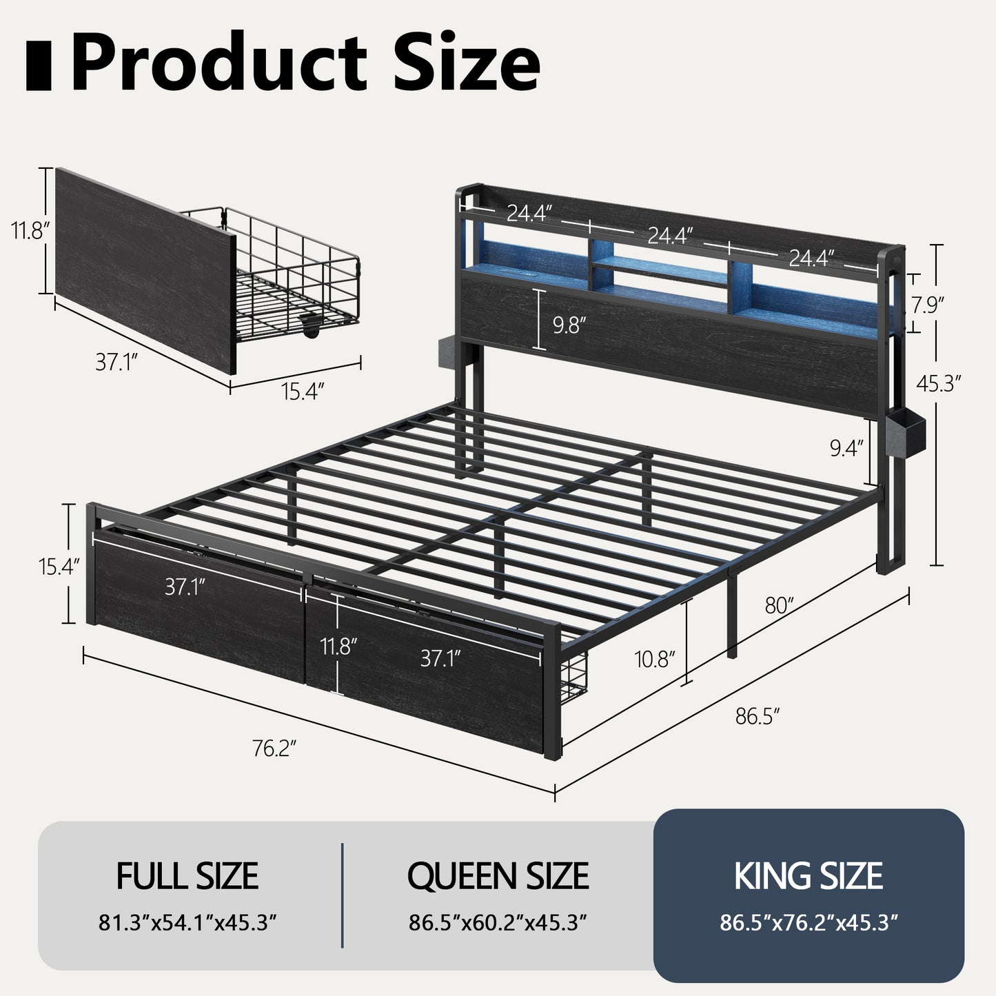 Satifur King Size LED Light Bed Frame with Storage Shelf and USB Ports, King Bed with Drawers and RGB LED Lights