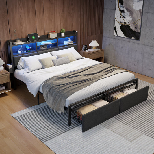 Satifur King Size Bed Frame with 49.2" High LED Storage Headboard Shelf, Metal Bed Platform, Black