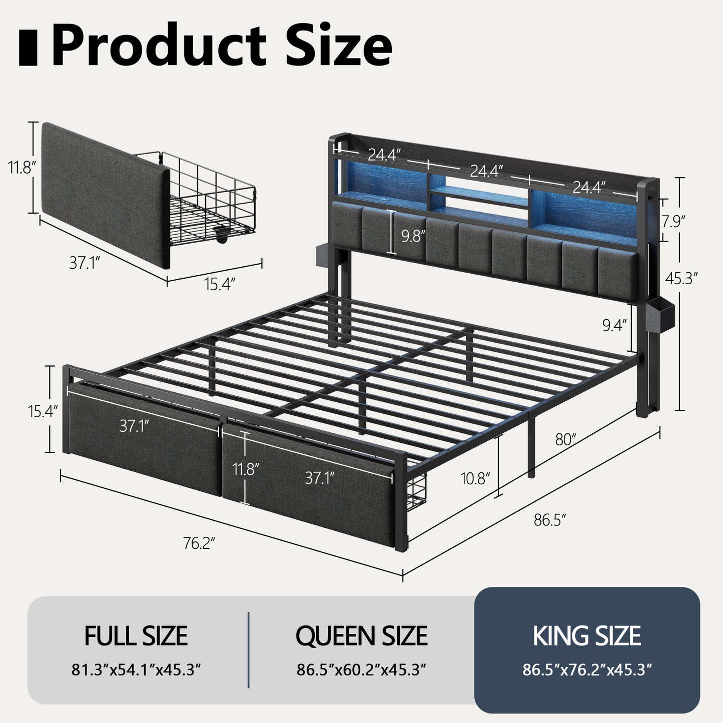 Satifur King Size Bed Frame with 49.2" High LED Storage Headboard Shelf, Metal Bed Platform, Black