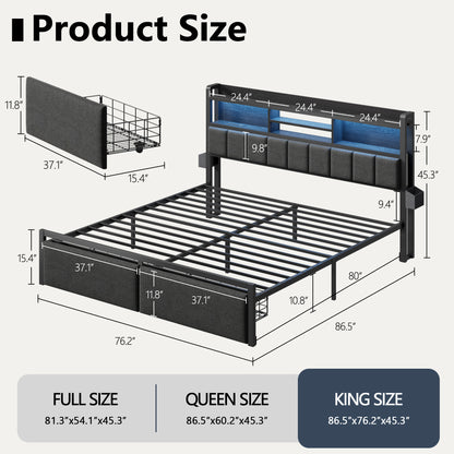 Satifur King Size Bed Frame with 49.2" High LED Storage Headboard Shelf, Metal Bed Platform, Black