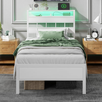 Satifur Twin Bed Frames with Charging Station and LED Lights, Twin Size Platform Bed with Wood Headboard & 2-Tier Storage Shelves, No Box Spring Needed, White
