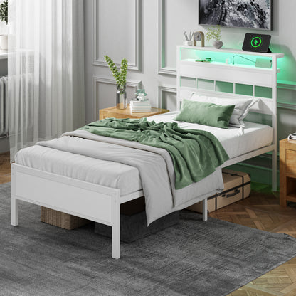 Satifur Twin Bed Frames with Charging Station and LED Lights, Twin Size Platform Bed with Wood Headboard & 2-Tier Storage Shelves, No Box Spring Needed, White