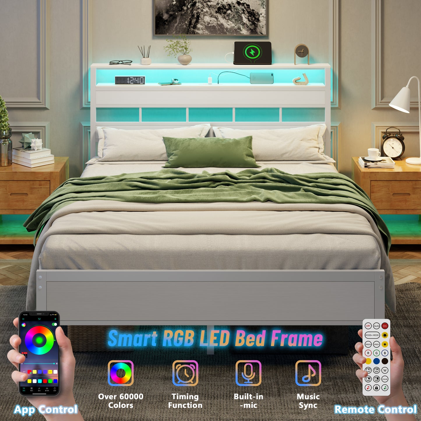 Satifur Queen Bed Frames with Charging Station and LED Lights, Queen Size Platform Bed with Wood Headboard & 2-Tier Storage Shelves, No Box Spring Needed, White